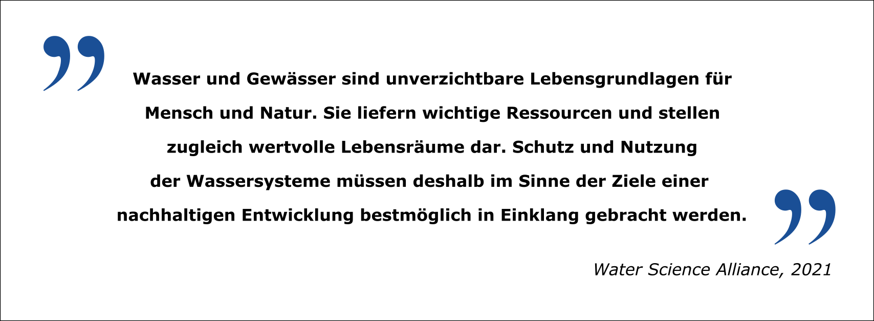 Zitat: "Wasser und Gewässer sind unverzichtbare Lebensgrundlagen für Mensch und Natur. Sie liefern wichtige Ressourcen und stellen zugleich wertvolle Lebensräume dar. Schutz und Nutzung der Wassersysteme müssen deshalb im Sinne der Ziele einer nachhaltigen Entwicklung bestmöglich in Einklang gebracht werden." Water Science Alliance, 2021